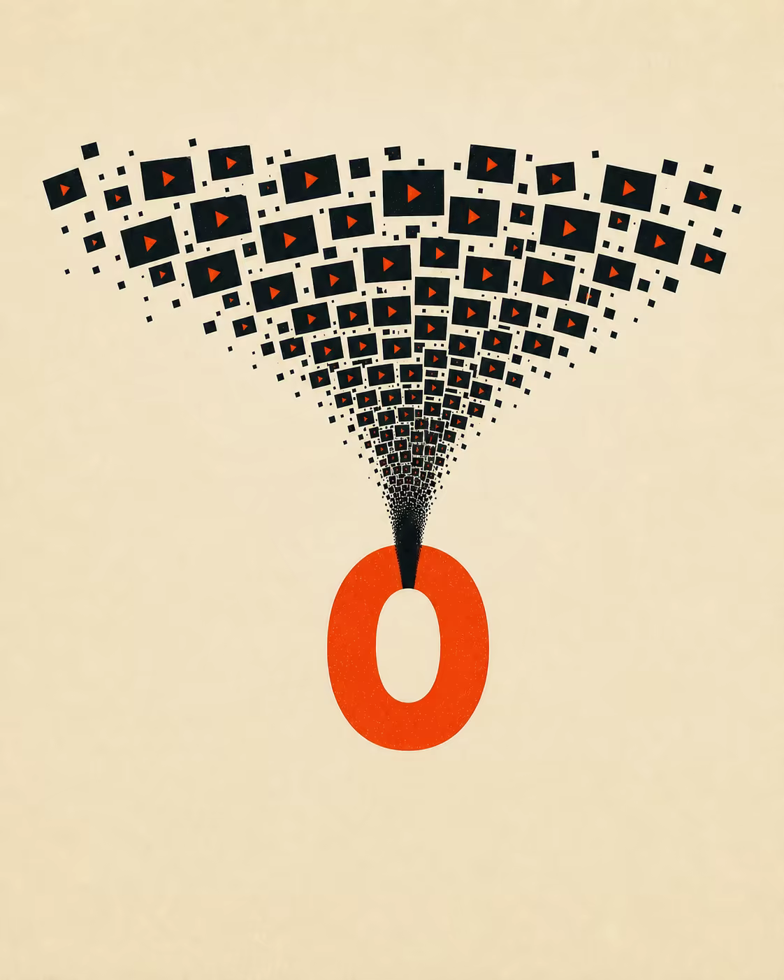 Editorial illustration of multiplying digital entertainment collapsing toward zero value