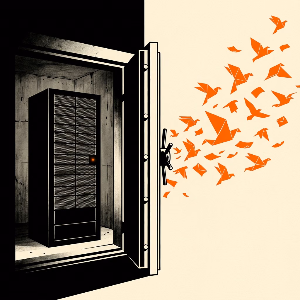 Editorial illustration of a black server rack locked inside a concrete vault while origami birds fly into the open sky
