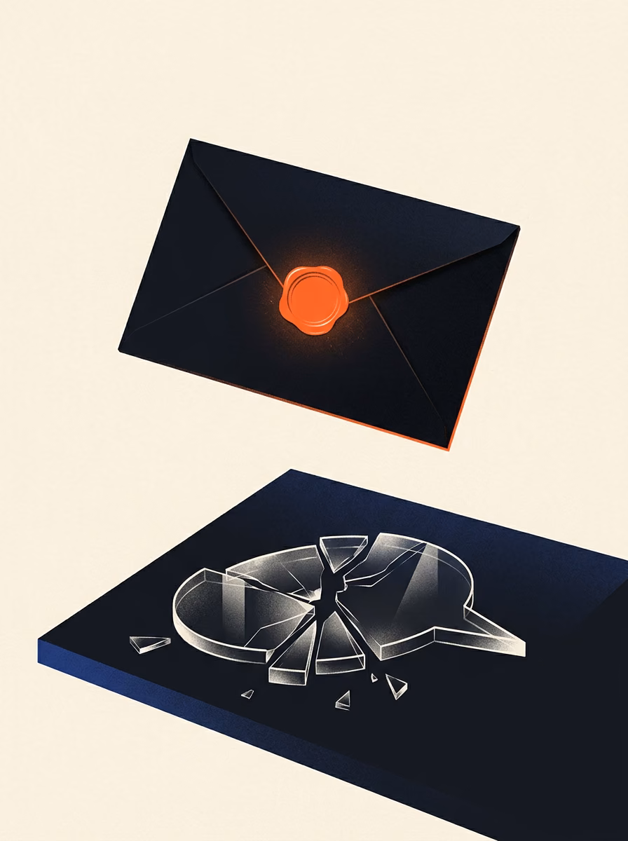 Editorial illustration of a shattered glass chat bubble on a dark surface beneath a floating obsidian envelope sealed in signal orange