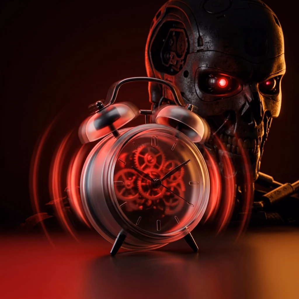 Futuristic sci-fi 3D artwork of a ringing glass alarm clock vibrating with red alert shockwaves against the menacing silhouette of a cybernetic endoskeleton