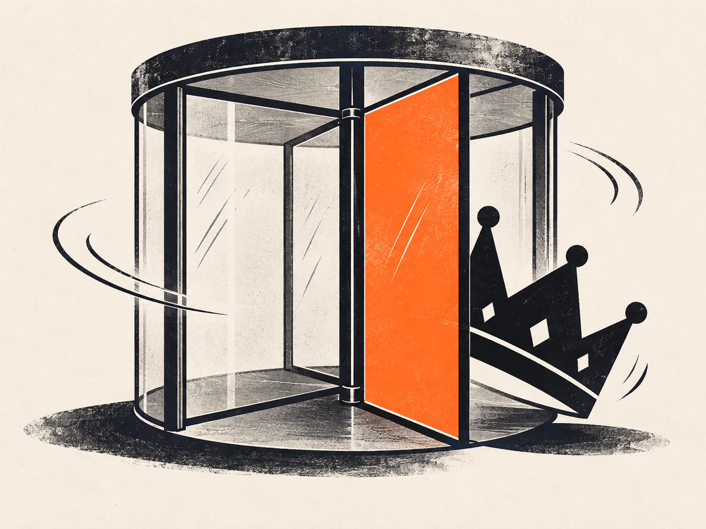 Editorial illustration of a black crown flung out of a revolving door with one signal-orange panel on cream paper